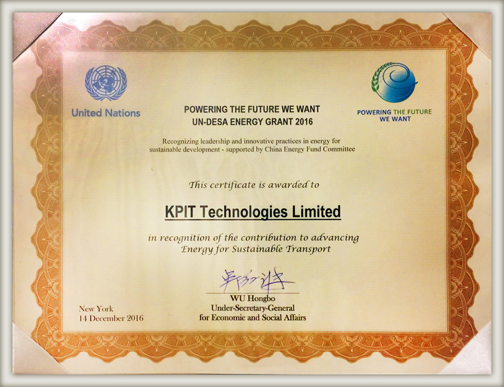 Certificate of Appreciation for KPIT received at the UN-DESA event